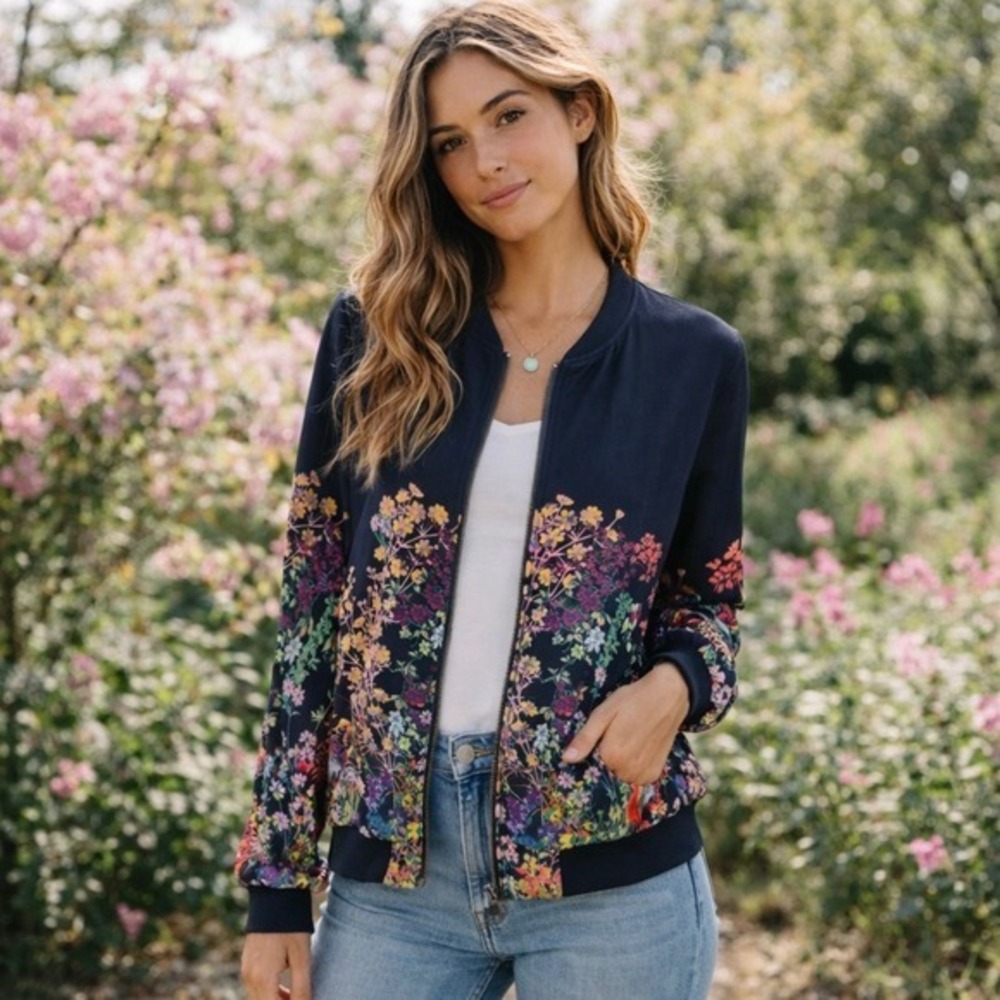 Sporty‎ Floral Bomber Jacket Sz XL Full Zip Navy Blue Rayon Pockets Lightweight
